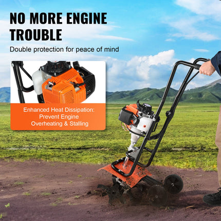 Tiller Cultivator Gas Powered, 31CC 4-Stroke Garden Cultivator, Tiller with 4 Steel Adjustable Front Tines for Lawn, Garden and Field Soil Cultivation.