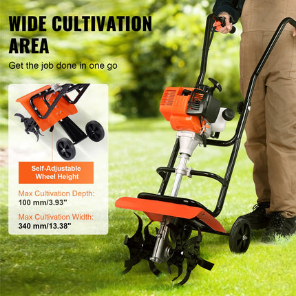 Tiller Cultivator Gas Powered, 31CC 4-Stroke Garden Cultivator, Tiller with 4 Steel Adjustable Front Tines for Lawn, Garden and Field Soil Cultivation.