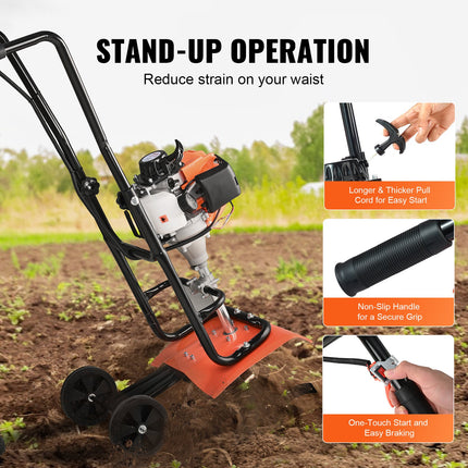 Tiller Cultivator Gas Powered, 31CC 4-Stroke Garden Cultivator, Tiller with 4 Steel Adjustable Front Tines for Lawn, Garden and Field Soil Cultivation.