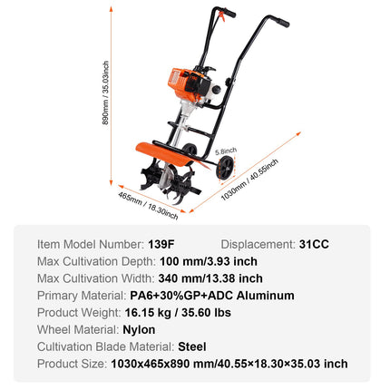 Tiller Cultivator Gas Powered, 31CC 4-Stroke Garden Cultivator, Tiller with 4 Steel Adjustable Front Tines for Lawn, Garden and Field Soil Cultivation.