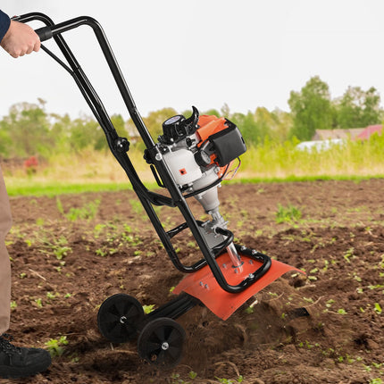 Tiller Cultivator Gas Powered, 31CC 4-Stroke Garden Cultivator, Tiller with 4 Steel Adjustable Front Tines for Lawn, Garden and Field Soil Cultivation.