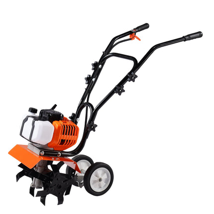 Tiller Cultivator Gas Powered, 43CC 2-Stroke Garden Cultivator, Tiller with 4 Steel Adjustable Front Tines for Lawn, Garden and Field Soil Cultivation.