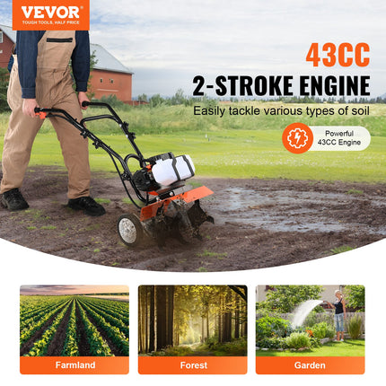 Tiller Cultivator Gas Powered, 43CC 2-Stroke Garden Cultivator, Tiller with 4 Steel Adjustable Front Tines for Lawn, Garden and Field Soil Cultivation.