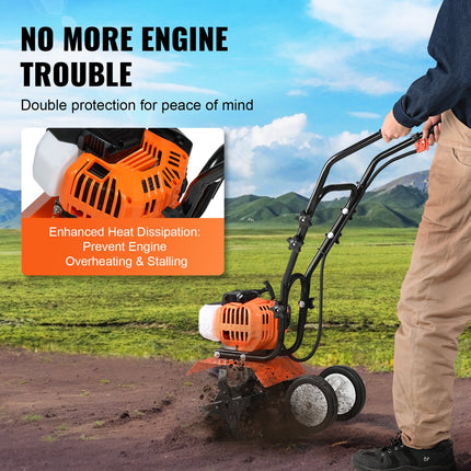 Tiller Cultivator Gas Powered, 43CC 2-Stroke Garden Cultivator, Tiller with 4 Steel Adjustable Front Tines for Lawn, Garden and Field Soil Cultivation.