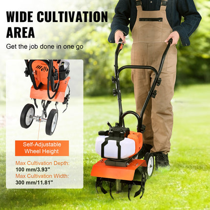 Tiller Cultivator Gas Powered, 43CC 2-Stroke Garden Cultivator, Tiller with 4 Steel Adjustable Front Tines for Lawn, Garden and Field Soil Cultivation.