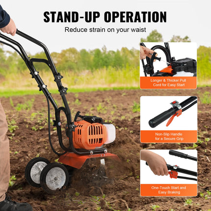 Tiller Cultivator Gas Powered, 43CC 2-Stroke Garden Cultivator, Tiller with 4 Steel Adjustable Front Tines for Lawn, Garden and Field Soil Cultivation.
