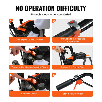 Tiller Cultivator Gas Powered, 43CC 2-Stroke Garden Cultivator, Tiller with 4 Steel Adjustable Front Tines for Lawn, Garden and Field Soil Cultivation.