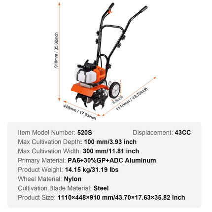 Tiller Cultivator Gas Powered, 43CC 2-Stroke Garden Cultivator, Tiller with 4 Steel Adjustable Front Tines for Lawn, Garden and Field Soil Cultivation.