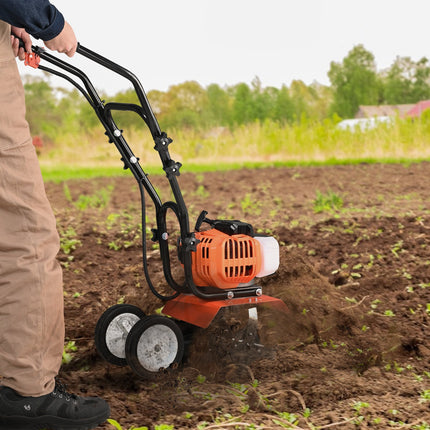 Tiller Cultivator Gas Powered, 43CC 2-Stroke Garden Cultivator, Tiller with 4 Steel Adjustable Front Tines for Lawn, Garden and Field Soil Cultivation.