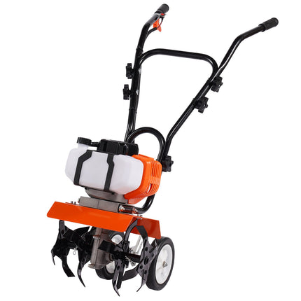 Tiller Cultivator Gas Powered, 43CC 2-Stroke Garden Cultivator, Tiller with 4 Steel Adjustable Front Tines for Lawn, Garden and Field Soil Cultivation.