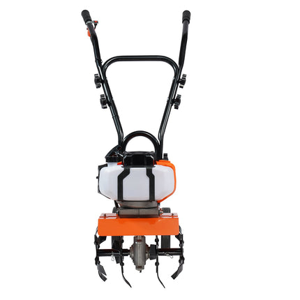 Tiller Cultivator Gas Powered, 43CC 2-Stroke Garden Cultivator, Tiller with 4 Steel Adjustable Front Tines for Lawn, Garden and Field Soil Cultivation.