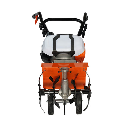 Tiller Cultivator Gas Powered, 43CC 2-Stroke Garden Cultivator, Tiller with 4 Steel Adjustable Front Tines for Lawn, Garden and Field Soil Cultivation.