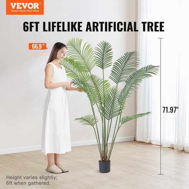 Artificial Palm Tree, 1.8mTall Faux Plant, Secure PE Material & Anti-Tip Tilt Protection Low-Maintenance Plant, Lifelike Green Fake Tree for Home Office Warehouse Decor Indoor Outdoor.