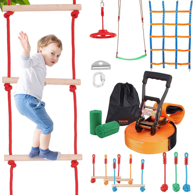 Ninja Warrior Obstacle Course for Kids, 15.24 m Weatherproof Slacklines, 500lbs Weight Capacity Monkey Line, Outdoor Playset Equipment, Backyard Toys Training Equipment Set with 10 Obstacles.