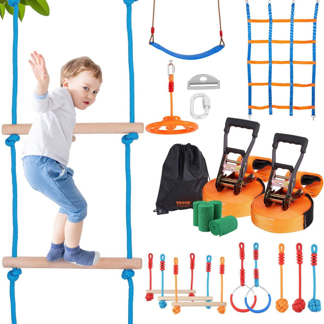 Ninja Warrior Obstacle Course for Kids, 2 x 17m Weatherproof Slacklines, 227kg Weight Capacity Monkey Line, Outdoor Playset Equipment, Backyard Toys Training Equipment Set with 12 Obstacles.