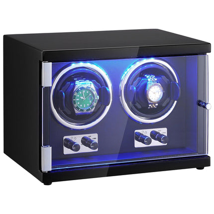 Watch Winder, Dual Watch Winder for Men's and Women's Automatic Watch, with 2 Super Quiet Japanese Mabuchi Motors, Blue LED Light and Adapter, High-Density Board Shell and Black PU.