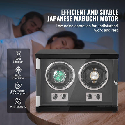 Watch Winder, Dual Watch Winder for Men's and Women's Automatic Watch, with 2 Super Quiet Japanese Mabuchi Motors, Blue LED Light and Adapter, High-Density Board Shell and Black PU.