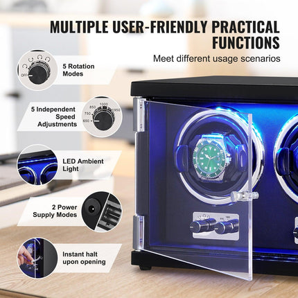 Watch Winder, Dual Watch Winder for Men's and Women's Automatic Watch, with 2 Super Quiet Japanese Mabuchi Motors, Blue LED Light and Adapter, High-Density Board Shell and Black PU.