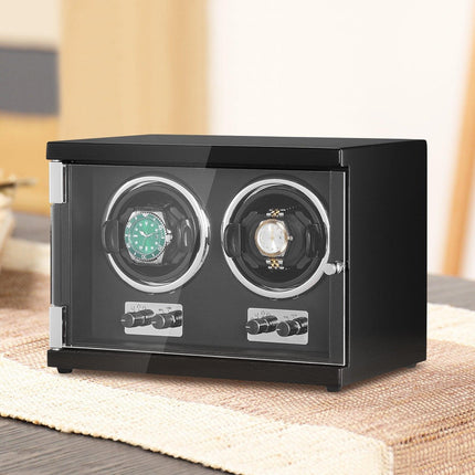Watch Winder, Dual Watch Winder for Men's and Women's Automatic Watch, with 2 Super Quiet Japanese Mabuchi Motors, Blue LED Light and Adapter, High-Density Board Shell and Black PU.