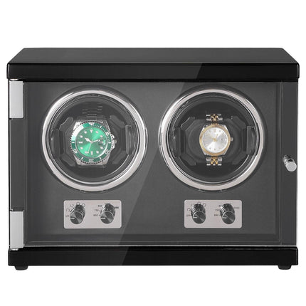 Watch Winder, Dual Watch Winder for Men's and Women's Automatic Watch, with 2 Super Quiet Japanese Mabuchi Motors, Blue LED Light and Adapter, High-Density Board Shell and Black PU.