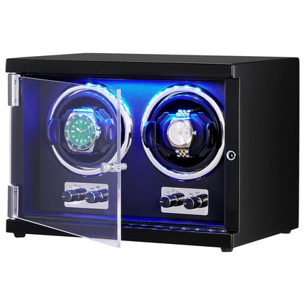 Watch Winder, Dual Watch Winder for Men's and Women's Automatic Watch, with 2 Super Quiet Japanese Mabuchi Motors, Blue LED Light and Adapter, High-Density Board Shell and Black PU.