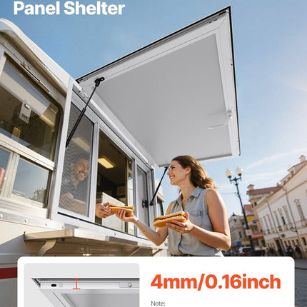Concession Window 1346x838 mm, Aluminum Alloy Service Window for Food Truck, Up to 85 Degrees Stand Serving Window with 4 Sliding Windows, Awning Door, and Drag Hook, for Concession Trailers.