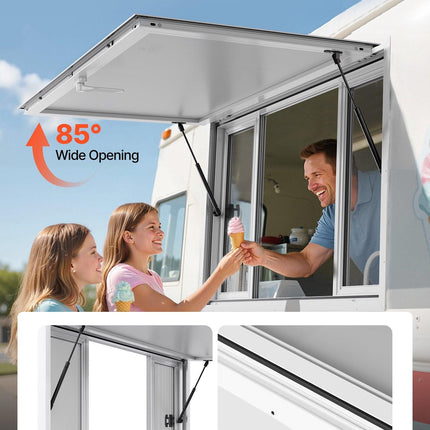 Concession Window 1346x838 mm, Aluminum Alloy Service Window for Food Truck, Up to 85 Degrees Stand Serving Window with 4 Sliding Windows, Awning Door, and Drag Hook, for Concession Trailers.