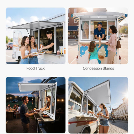 Concession Window 1346x838 mm, Aluminum Alloy Service Window for Food Truck, Up to 85 Degrees Stand Serving Window with 4 Sliding Windows, Awning Door, and Drag Hook, for Concession Trailers.