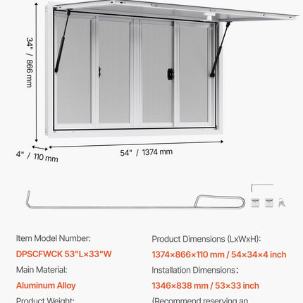 Concession Window 1346x838 mm, Aluminum Alloy Service Window for Food Truck, Up to 85 Degrees Stand Serving Window with 4 Sliding Windows, Awning Door, and Drag Hook, for Concession Trailers.