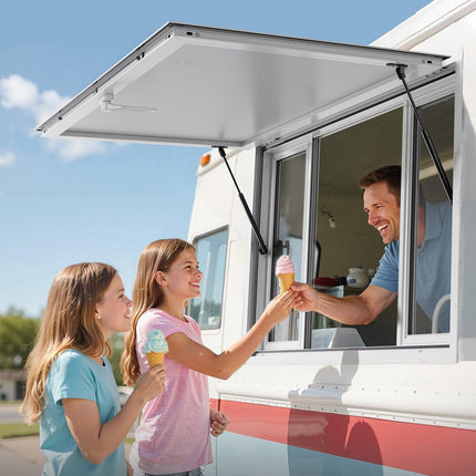Concession Window 1346x838 mm, Aluminum Alloy Service Window for Food Truck, Up to 85 Degrees Stand Serving Window with 4 Sliding Windows, Awning Door, and Drag Hook, for Concession Trailers.