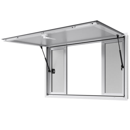 Concession Window 1346x838 mm, Aluminum Alloy Service Window for Food Truck, Up to 85 Degrees Stand Serving Window with 4 Sliding Windows, Awning Door, and Drag Hook, for Concession Trailers.
