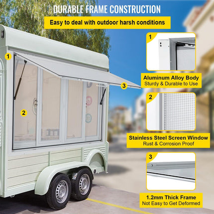 Concession Window, 91.4 x 91.4 cm Aluminum Alloy Food Truck Service Window with 4 Horizontal Sliding Screen Windows & Awning Door & Drag Hook, Serving Window for Food Trucks Concession Trailers.