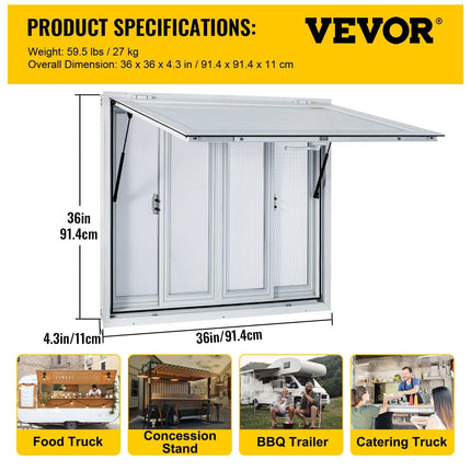Concession Window, 91.4 x 91.4 cm Aluminum Alloy Food Truck Service Window with 4 Horizontal Sliding Screen Windows & Awning Door & Drag Hook, Serving Window for Food Trucks Concession Trailers.