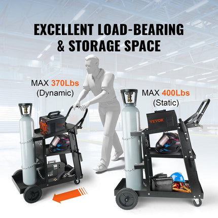 Welding Cart, 3-Tier Welder Cart Heavy Duty with 400 Lbs Weight Capacity, 360° Swivel Wheels, Tank Storage Safety Chains, Rolling MIG Welder Cart for TIG, ARC, MMA, Plasma Cutter Welding Machine.