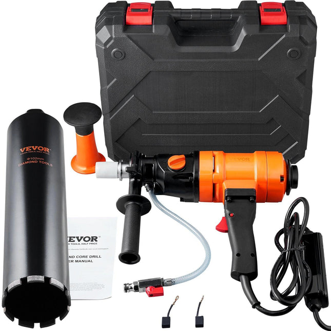 Diamond Core Drilling Machine, 4in Handheld Wet Concrete Core Drill Rig, 1100-2400RPM Two Speed & 1-1/4" Thread & 2 Bubble Levels, 3-4in Drilling Diameter for Concrete Brick Block Stone, 1500W.