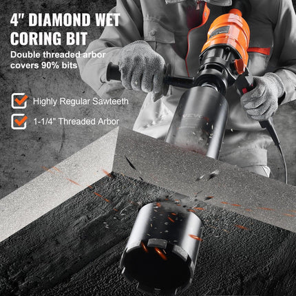 Diamond Core Drilling Machine, 4in Handheld Wet Concrete Core Drill Rig, 1100-2400RPM Two Speed & 1-1/4" Thread & 2 Bubble Levels, 3-4in Drilling Diameter for Concrete Brick Block Stone, 1500W.