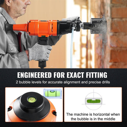 Diamond Core Drilling Machine, 4in Handheld Wet Concrete Core Drill Rig, 1100-2400RPM Two Speed & 1-1/4" Thread & 2 Bubble Levels, 3-4in Drilling Diameter for Concrete Brick Block Stone, 1500W.