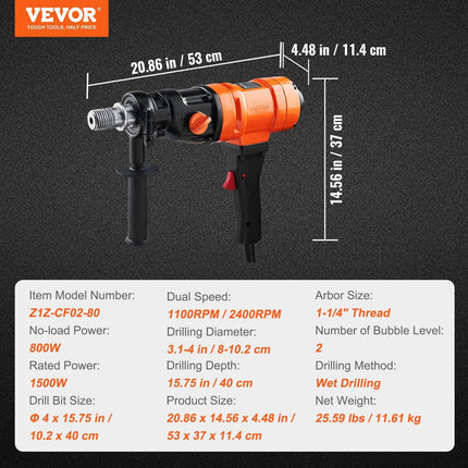 Diamond Core Drilling Machine, 4in Handheld Wet Concrete Core Drill Rig, 1100-2400RPM Two Speed & 1-1/4" Thread & 2 Bubble Levels, 3-4in Drilling Diameter for Concrete Brick Block Stone, 1500W.