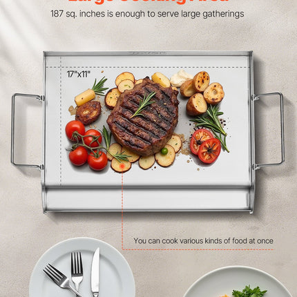 Stainless Steel Griddle, 17x13 inch Universal Flat Top Rectangular Plate, Gas Grill Griddle for BBQ Grill, Teppanyaki, Portable Family Cookware with Handle, for Camping Tailgating Party.