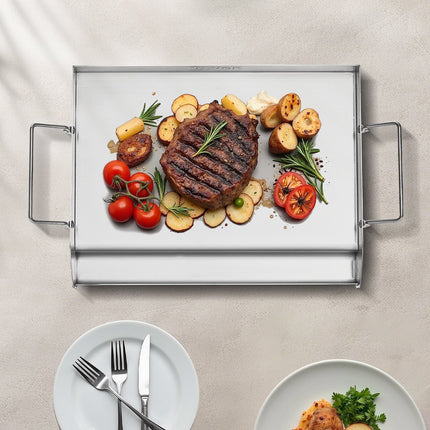 Stainless Steel Griddle, 17x13 inch Universal Flat Top Rectangular Plate, Gas Grill Griddle for BBQ Grill, Teppanyaki, Portable Family Cookware with Handle, for Camping Tailgating Party.