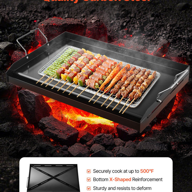 Carbon Steel Griddle, 24x16 inch Universal Flat Top Rectangular Plate, Gas Grill Griddle for BBQ Grill, Teppanyaki, Portable Family Cookware with Handle, for Camping Tailgating Party.