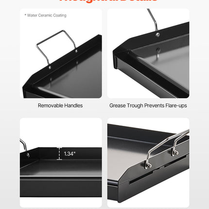 Carbon Steel Griddle, 24x16 inch Universal Flat Top Rectangular Plate, Gas Grill Griddle for BBQ Grill, Teppanyaki, Portable Family Cookware with Handle, for Camping Tailgating Party.