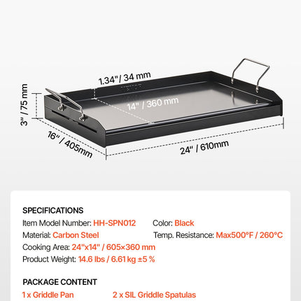 Carbon Steel Griddle, 24x16 inch Universal Flat Top Rectangular Plate, Gas Grill Griddle for BBQ Grill, Teppanyaki, Portable Family Cookware with Handle, for Camping Tailgating Party.