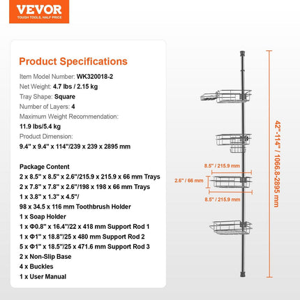 42" to 114" High Shower Corner Caddy Tension Pole Rust-Proof Tension Pole.