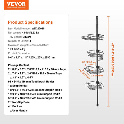 42" to 114" High Shower Corner Caddy Tension Pole Rust-Proof Tension Pole.