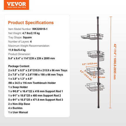 42" to 114" High Shower Corner Caddy Tension Pole Rust-Proof Tension Pole.