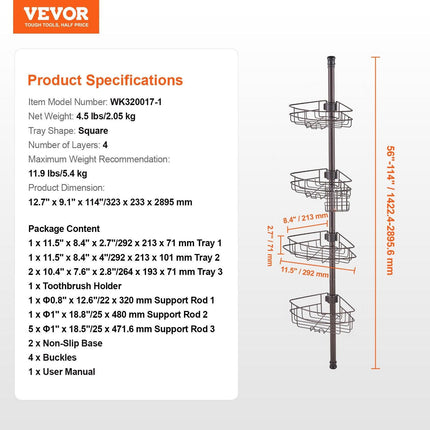 56" to 114" High Shower Corner Caddy Tension Pole Rust-Proof Tension Pole.
