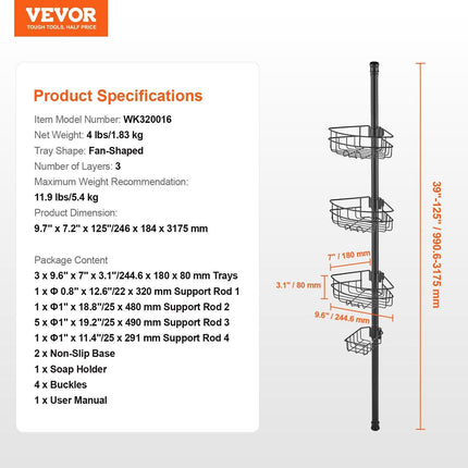 39" to 125" High Shower Corner Caddy Tension Pole Rust-Proof Tension Pole.