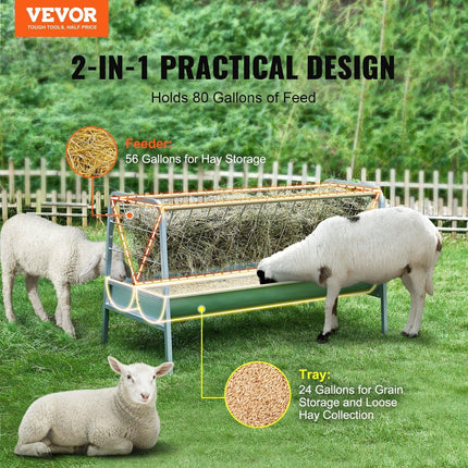 Livestock Hay Feeder, 2 in 1 Grain & Hay Feeder, 80-Gallon Capacity Pasture Feeder, 59" Long Goat Hay Feeder with Deeper Feeding Pan, Heavy Duty Steel Grain & Hay Holder for Sheep Farms Sheds.
