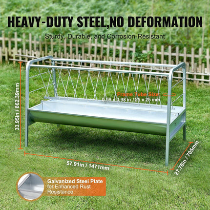 Livestock Hay Feeder, 2 in 1 Grain & Hay Feeder, 80-Gallon Capacity Pasture Feeder, 59" Long Goat Hay Feeder with Deeper Feeding Pan, Heavy Duty Steel Grain & Hay Holder for Sheep Farms Sheds.